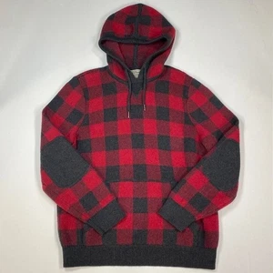 LL Bean Buffalo Plaid Hoodie Sweater Cotton Cashmere Blend Elbow Patches M - Picture 1 of 10