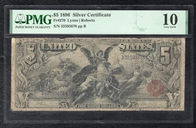 FR. 270 1896 $5 FIVE DOLLARS “EDUCATIONAL” SILVER CERTIFICATE PMG VERY GOOD-10 - Image 1 of 2