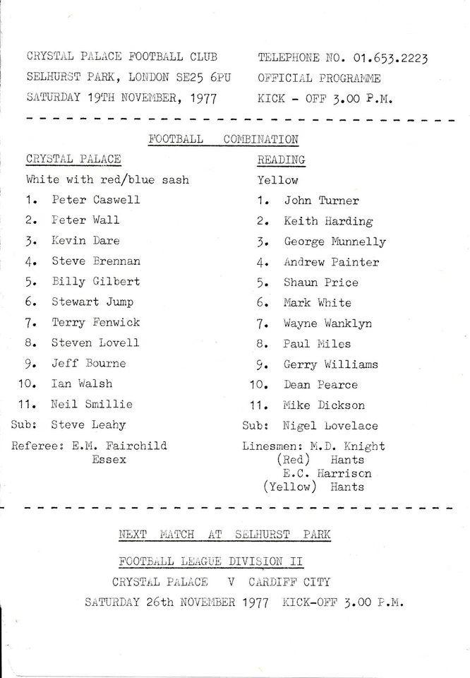 Crystal Palace Reserves v Reading (Combination) 1977/1978 - Image 1 of 1