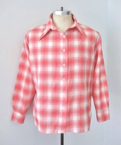 Vtg 60s 70s K-Mart Red Plaid Rockabilly Camp Shirt Dagger Collar Silky Poly L - Picture 1 of 8