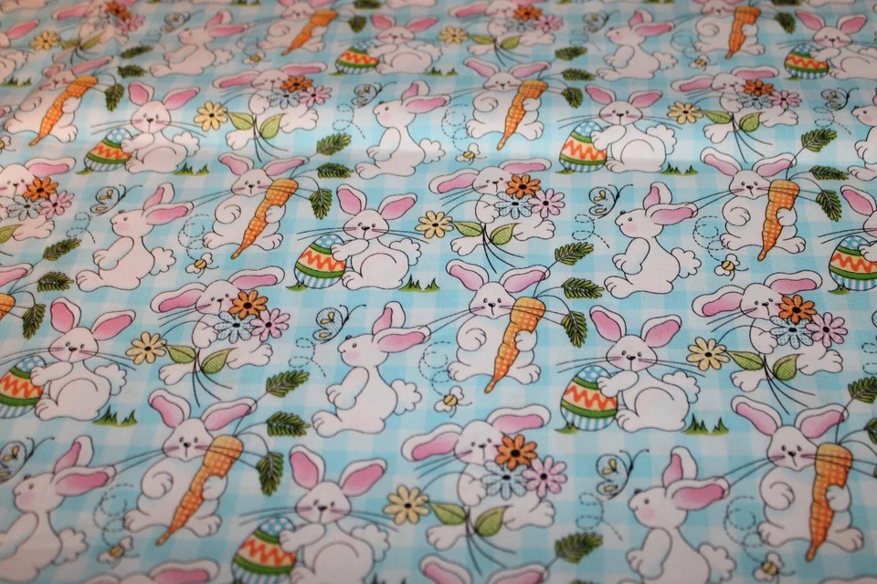 Fabric Traditions, Cotton Fabric, Bunny Rabbits Carrots Blue White Gingham 29x44 - Image 1 of 1
