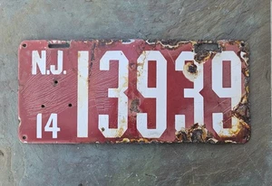 Antik 1914 New Jersey Nummernschild Porzellanschild N.J. Tag #13939 selten - Bild 1 von 2