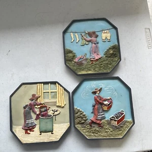 Juego de 3 placas de resina cerámica pesada 3D colgantes de pared escenas de lavandería vintage - Imagen 1 de 4