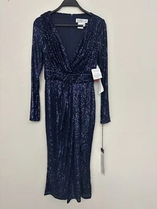 Nuevo con etiquetas Vestido IEENA Mac Duggal Azul Marino Manga Larga Cuello en V Lentejuelas 26555 Talla 0 - Imagen 1 de 10