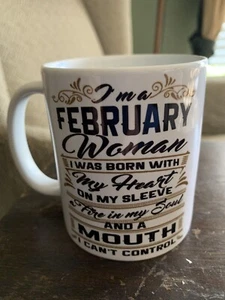 February Birthday Mug Woman’s Birthday White Ceramic With Writing EUC - Picture 1 of 6