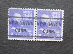 (1) USED PAIR OF U. S. DEFIN. precan. stamp W/A NEW HAVEN, CONN. PC-3C JEFFERSON - Picture 1 of 2