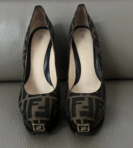 Fendi Autantik Tobacco Brown Zucca Canvas Gold Logo Platform Pumps size 40 - Picture 1 of 11