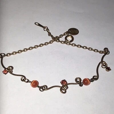 "Brazalete tobillo tono dorado naranja estrás y cuentas delicado diseño de alambre 9,5""" Foto 1 de 4