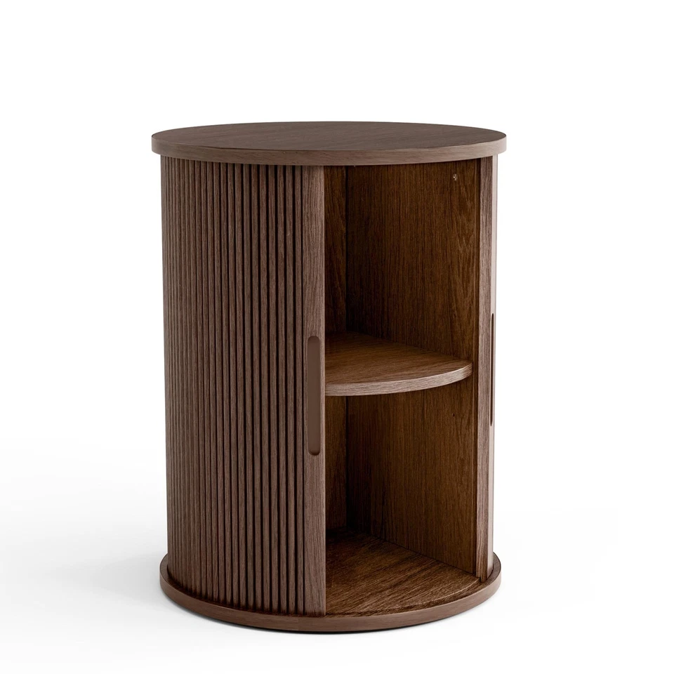 Mesa auxiliar redonda acanalada, mesita de noche alta moderna de mediados de siglo con almacenamiento, final... Foto 1 de 4