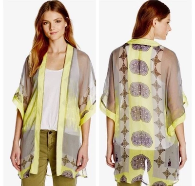 Kimono Theodora & Callum Chartreuse Cascada Frente Abierto Estampado Talla Única Mujer Foto 1 de 4