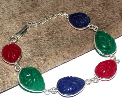 Pulsera Tallada Rosa y Azul Hoja de Calcedonia Verde Ónix Piedras Preciosas 8" GW Foto 1 de 3