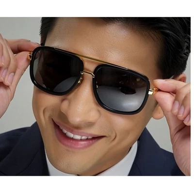 Trendy Men Sunglasses Gold Black Frame Mirror Lens Retro Square Oversized Male - Image 1 of 4