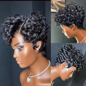 13x6x1 Lace Pixie Cut Curly Wig Brazilian Human Hair Wig For Women PrePlucked - Picture 1 of 12