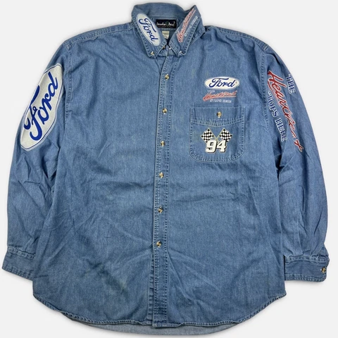Vtg 90s Ford 94 Heartbeat Denim Button Down Shirt 2XL Bill Elliott NASCAR Racing Cover