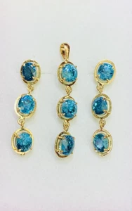12K Solid Yellow Gold Set Dangle Stud Earrings Pendant W/Natural Blue Zircon5.65 - Picture 1 of 9