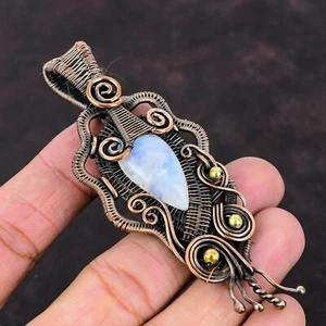Rainbow Moonstone Jewelry Copper Valentine Gift Wire Wrapped Pendant 3.66" - Picture 1 of 7