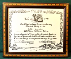 Mayflower Pilgrim Descendant John Howland Society 1939 Certificate William Tatum - Picture 1 of 6