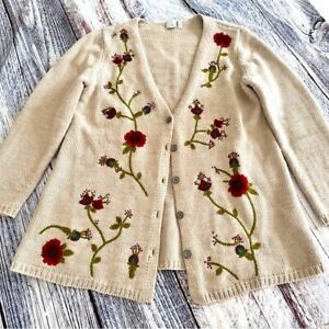 J. Jill Wool Blend Floral Embroidered Long Beige Cardigan