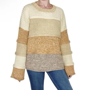 Entro Pullover beige braun hellbraun gestreift Patchwork ausgestellte Ärmel - Bild 1 von 8
