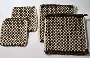 Handgefertigte Topflappen Untersetzer 4er Set Gewebte Baumwolle 8" & 5" Grün Burgund - Bild 1 von 14