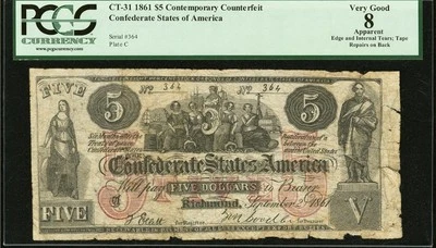 CT-31 $5 1861 Confederate States Civil War Contemporary Counterfeit Note PCGS VG - Image 1 of 4