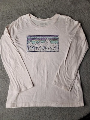 Patagonia Long Sleeve Shirt Girls Medium 10 Light Pink Graphic Print Mountains - Image 1 of 4