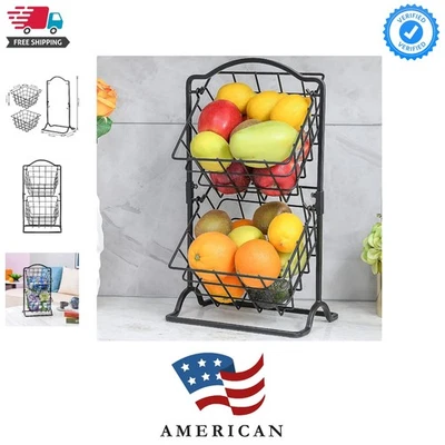 Cesta de almacenamiento de 2 niveles a prueba de óxido - Elegante diseño de hierro negro para mostrador de cocina Foto 1 de 4