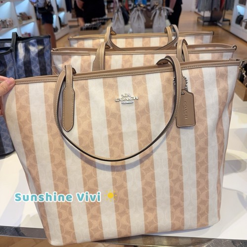 Borsa Coach grande città nuova con etichetta firma tela con righe CBI03 sabbia abbronzatura