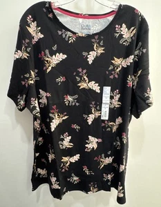 NWT Women’s Croft & Barrow Classic Tee SZ 2X Black Floral Short Sleeve V- Neck - Picture 1 of 8