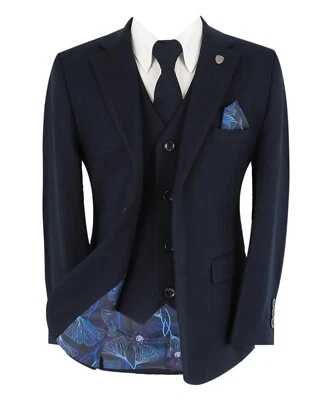 Boys Self Pattern Suit Husky Navy Blue Pageboy Wedding Funeral Prom 5 Piece Set - Image 1 of 4