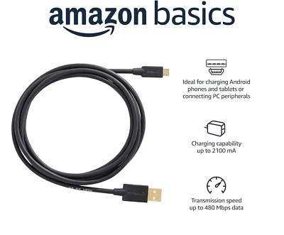 Amazon Basics USB A to Micro USB Fast Charging Cable Android Phone Tablet 3FT - Image 1 of 4