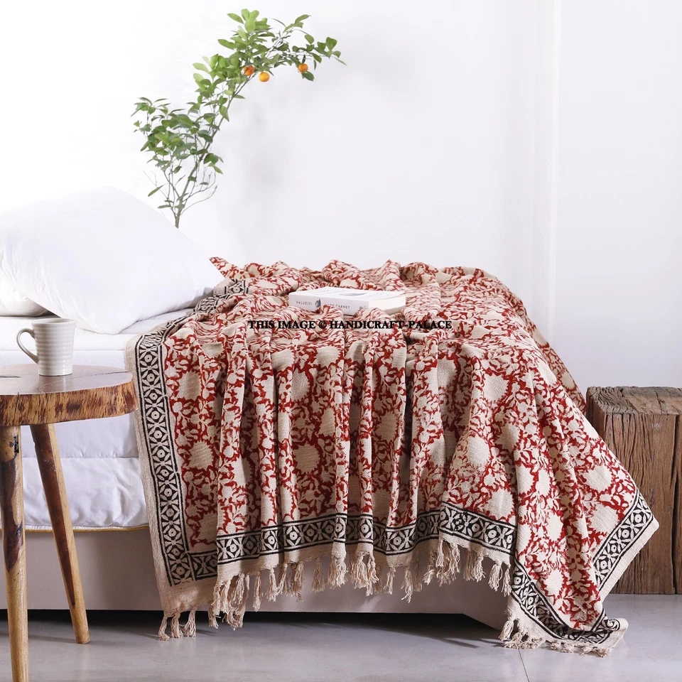 Indian Hand Block Print Throw King Size Rug Soft Sofa Couch Bedding Blanket - Image 1 of 1