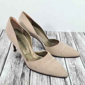 Vintage Yves Saint Laurent D'Orsay Pumps Heels 3.5" Size 10 M Beige Satin - Picture 1 of 13