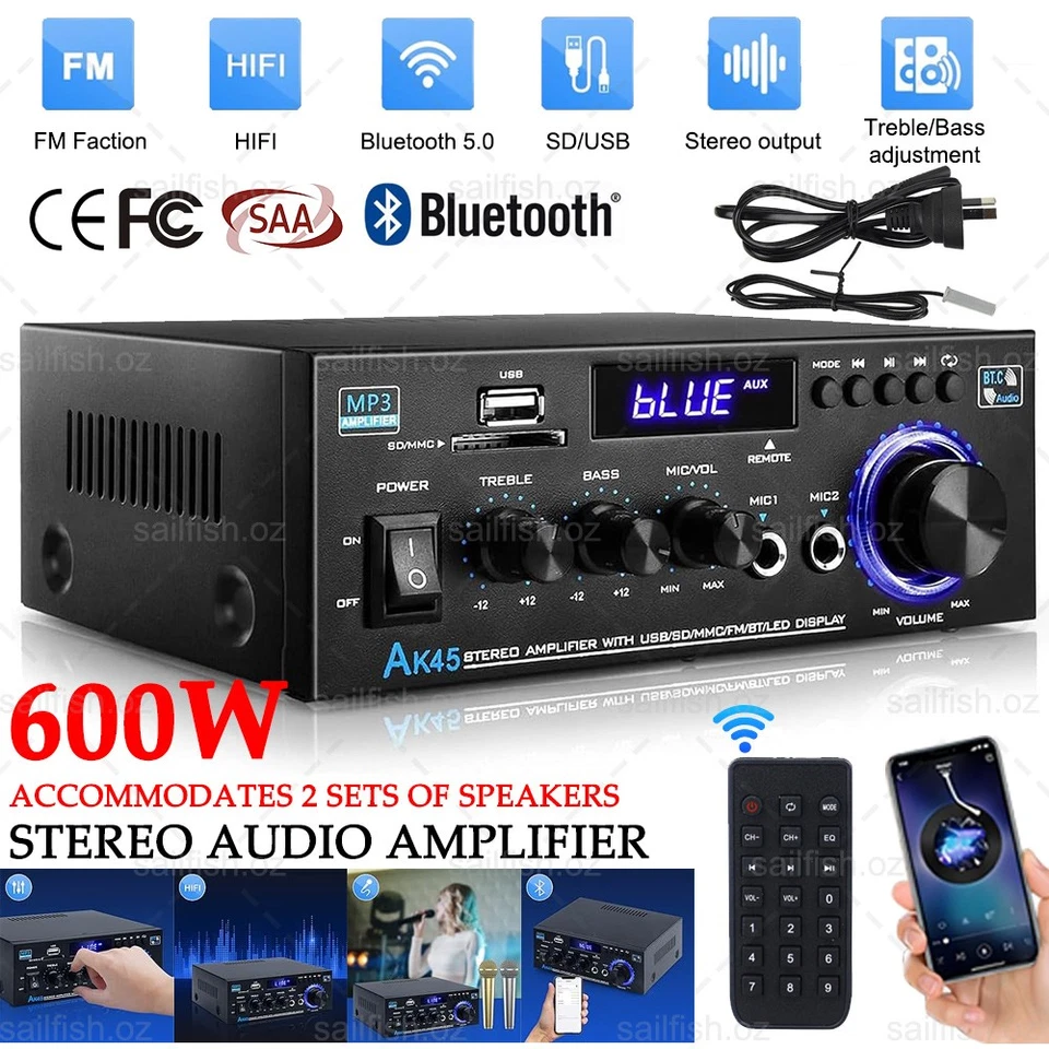 600W 2 Channel Bluetooth Mini HIFI Power Amplifier Audio Stereo Amp Home Car FM - image 1 of 4