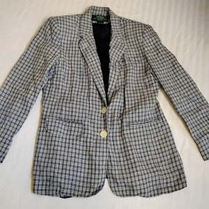 Lauren Ralph Lauren Blazer 8 P 100 Linen Navy Plaid Preppy Nautical Vintage USA - Picture 1 of 16