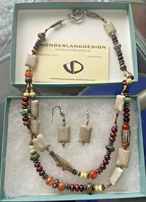 Colar em camadas de miçangas ARTISAN com prata e jaspe sudoeste + brincos combinando - Imagem 1 de 4