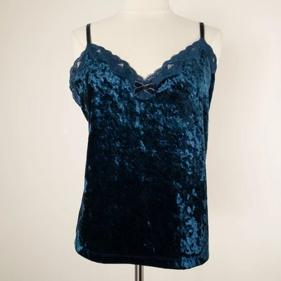 💖 GEORGE SLEEPWEAR Cami Tank Top Blue L Crushed Velvet Lace Babydoll 90s Goth - image 1 of 4