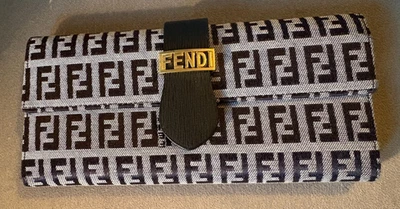 Cartera de Colección con Logo Fendi Azul Marino Lona Zucca Cuero Hecha en Italia Diseño RARO Foto 1 de 4
