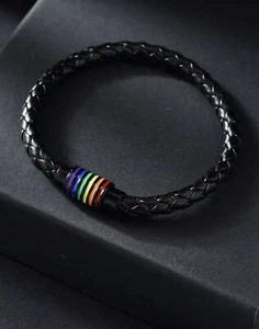 Pride LGBTQ+ Mens, Womens Braided Rainbow Striped Pattern Black Bracelet NEW!!! - Picture 1 of 5