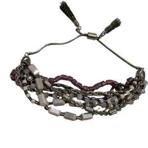 Multi Strang Boho Silberfarben Lila Perlen Slide Armband Silber Grau Quasten - Bild 1 von 6