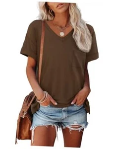 Womens T Shirts 2024 Short Sleeve V-Neck Shirts Cute Fit Summer Medium Brown - Picture 1 of 7