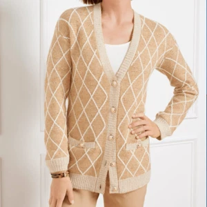 Talbots Women’s Sz Small Sequin Argyle V-Neck Gold Sparkle Wool Blend Cardigan - Picture 1 of 14