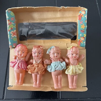 Bonecas quádruplas antigas da década de 1930 bonecas celulóide irmãs com caixa Japão - Imagem 1 de 4