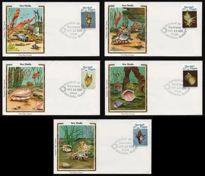 MARSHALL ISLANDS, SCOTT # 65-69, COLORANO SILK FDC COVERS SET - SEA SHELLS 1985 - Image 1 of 4