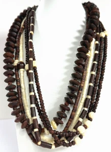 vtg Carved Heishi Nut Shell 18" Necklace 6 Multi strand Brown Off White - Picture 1 of 13