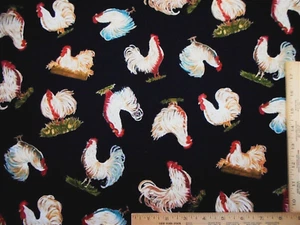 Quilt Fabric By Yard Roosters Chicken Black Poultry in Motion Premium Cotton Vtg - Picture 1 of 2