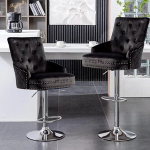 Comfortable Adjustable Velvet Bar Stools Swivel Chair Nail Heads Kitchen Counter - Picture 1 of 24