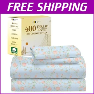 Luxury Cooling King Sheets Set - 100% Sateen Floral Pattern, All Season Comfort - Picture 1 of 10