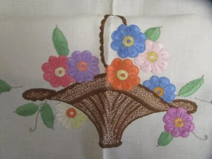 EXQUISITELY HAND EMBROIDERED BASKETS OF FLOWERS LINEN TABLECLOTH - Picture 1 of 14