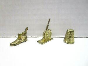 1998 Monopoly Deluxe Edition Game Part 3x Gold Pewter Tokens Shoe Thimble Canon